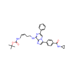 CC(C)(C)OC(=O)NC/C=C\CCNc1nc(-c2ccccc2)cn2c(-c3ccc(C(=O)NC4CC4)cc3)cnc12 ZINC000143211635