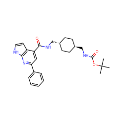 CC(C)(C)OC(=O)NC[C@H]1CC[C@H](CNC(=O)c2cc(-c3ccccc3)nc3[nH]ccc23)CC1 ZINC000261139410