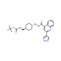 CC(C)(C)OC(=O)NC[C@H]1CC[C@H](CNC(=O)c2cc(-c3cn[nH]c3)nc3ccccc23)CC1 ZINC000253810818