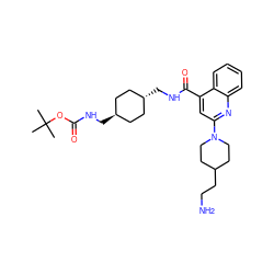 CC(C)(C)OC(=O)NC[C@H]1CC[C@H](CNC(=O)c2cc(N3CCC(CCN)CC3)nc3ccccc23)CC1 ZINC000253732161