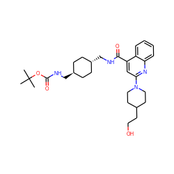 CC(C)(C)OC(=O)NC[C@H]1CC[C@H](CNC(=O)c2cc(N3CCC(CCO)CC3)nc3ccccc23)CC1 ZINC000261148805