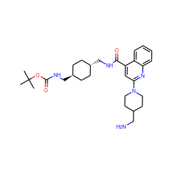 CC(C)(C)OC(=O)NC[C@H]1CC[C@H](CNC(=O)c2cc(N3CCC(CN)CC3)nc3ccccc23)CC1 ZINC000253731710