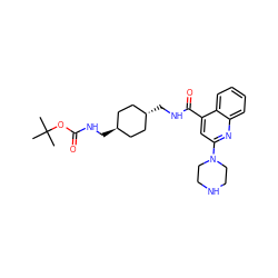 CC(C)(C)OC(=O)NC[C@H]1CC[C@H](CNC(=O)c2cc(N3CCNCC3)nc3ccccc23)CC1 ZINC000261152128