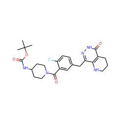 CC(C)(C)OC(=O)NC1CCN(C(=O)c2cc(Cc3n[nH]c(=O)c4c3NCCC4)ccc2F)CC1 ZINC000140413549