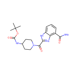 CC(C)(C)OC(=O)NC1CCN(C(=O)c2nc3c(C(N)=O)cccc3[nH]2)CC1 ZINC001772575154