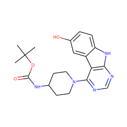 CC(C)(C)OC(=O)NC1CCN(c2ncnc3[nH]c4ccc(O)cc4c23)CC1 ZINC000653630345