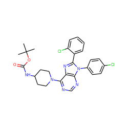 CC(C)(C)OC(=O)NC1CCN(c2ncnc3c2nc(-c2ccccc2Cl)n3-c2ccc(Cl)cc2)CC1 ZINC000095571778