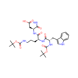 CC(C)(C)OC(=O)NCCC[C@H](NC(=O)[C@H](Cc1c[nH]c2ccccc12)NC(=O)OC(C)(C)C)C(=O)N[C@@H](CC(=O)O)C(N)=O ZINC000026948784
