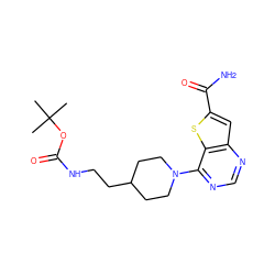 CC(C)(C)OC(=O)NCCC1CCN(c2ncnc3cc(C(N)=O)sc23)CC1 ZINC000095592872