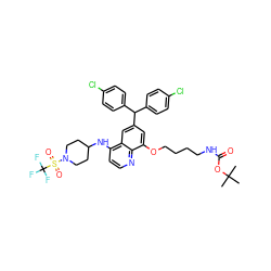 CC(C)(C)OC(=O)NCCCCOc1cc(C(c2ccc(Cl)cc2)c2ccc(Cl)cc2)cc2c(NC3CCN(S(=O)(=O)C(F)(F)F)CC3)ccnc12 ZINC001772625698