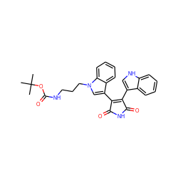 CC(C)(C)OC(=O)NCCCn1cc(C2=C(c3c[nH]c4ccccc34)C(=O)NC2=O)c2ccccc21 ZINC000029125197