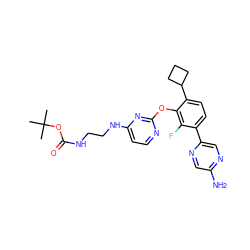 CC(C)(C)OC(=O)NCCNc1ccnc(Oc2c(C3CCC3)ccc(-c3cnc(N)cn3)c2F)n1 ZINC000212154254