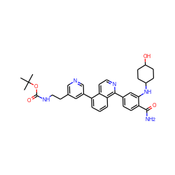 CC(C)(C)OC(=O)NCCc1cncc(-c2cccc3c(-c4ccc(C(N)=O)c(NC5CCC(O)CC5)c4)nccc23)c1 ZINC000145538475