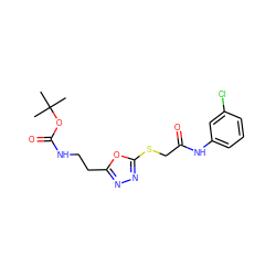 CC(C)(C)OC(=O)NCCc1nnc(SCC(=O)Nc2cccc(Cl)c2)o1 ZINC000002369376