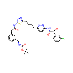 CC(C)(C)OC(=O)NCc1cccc(CC(=O)Nc2nnc(CCCCc3ccc(NC(=O)[C@@H](O)c4cccc(Cl)c4)nn3)s2)c1 ZINC000169698322