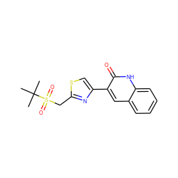 CC(C)(C)S(=O)(=O)Cc1nc(-c2cc3ccccc3[nH]c2=O)cs1 ZINC000014974788