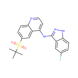 CC(C)(C)S(=O)(=O)c1ccc2nccc(Nc3n[nH]c4ccc(F)cc34)c2c1 ZINC000140121291