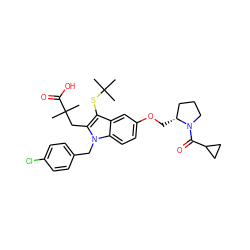 CC(C)(C)Sc1c(CC(C)(C)C(=O)O)n(Cc2ccc(Cl)cc2)c2ccc(OC[C@@H]3CCCN3C(=O)C3CC3)cc12 ZINC000049771785