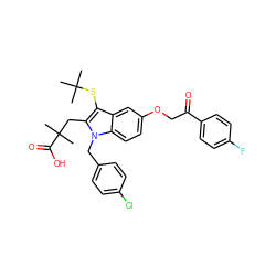 CC(C)(C)Sc1c(CC(C)(C)C(=O)O)n(Cc2ccc(Cl)cc2)c2ccc(OCC(=O)c3ccc(F)cc3)cc12 ZINC000049756994