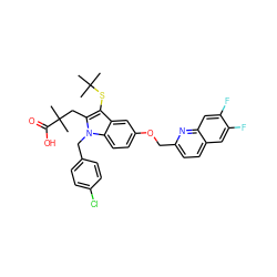 CC(C)(C)Sc1c(CC(C)(C)C(=O)O)n(Cc2ccc(Cl)cc2)c2ccc(OCc3ccc4cc(F)c(F)cc4n3)cc12 ZINC000003943776