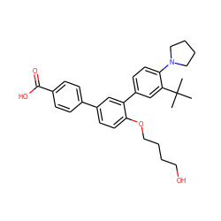 CC(C)(C)c1cc(-c2cc(-c3ccc(C(=O)O)cc3)ccc2OCCCCO)ccc1N1CCCC1 ZINC000113702089