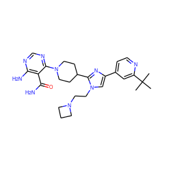 CC(C)(C)c1cc(-c2cn(CCN3CCC3)c(C3CCN(c4ncnc(N)c4C(N)=O)CC3)n2)ccn1 ZINC001772588317