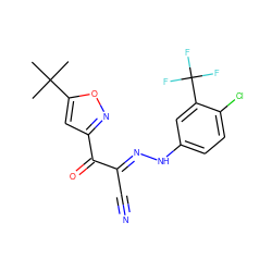 CC(C)(C)c1cc(C(=O)/C(C#N)=N/Nc2ccc(Cl)c(C(F)(F)F)c2)no1 ZINC000473099435