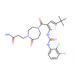 CC(C)(C)c1cc(C(=O)N2CCC(=O)N(CCC(N)=O)CC2)c(NC(=O)Nc2cccc(Cl)c2Cl)s1 ZINC000072318123