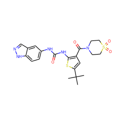 CC(C)(C)c1cc(C(=O)N2CCS(=O)(=O)CC2)c(NC(=O)Nc2ccc3[nH]ncc3c2)s1 ZINC000066251453