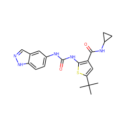 CC(C)(C)c1cc(C(=O)NC2CC2)c(NC(=O)Nc2ccc3[nH]ncc3c2)s1 ZINC000066058794