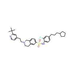 CC(C)(C)c1cc(CCN2CCc3cc(S(=O)(=O)Nc4ccc(CCCC5CCCC5)cc4F)ccc3C2)ccn1 ZINC000220179063