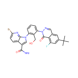 CC(C)(C)c1cc(F)c2c(=O)n(-c3cccc(-n4cc(C(N)=O)c5ccc(Br)nc54)c3CO)ncc2c1 ZINC000143585217