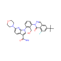 CC(C)(C)c1cc(F)c2c(=O)n(-c3cccc(-n4cc(C(N)=O)c5ccc(N6CCOCC6)nc54)c3CO)ncc2c1 ZINC000143483262