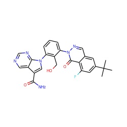 CC(C)(C)c1cc(F)c2c(=O)n(-c3cccc(-n4cc(C(N)=O)c5cncnc54)c3CO)ncc2c1 ZINC000143432551