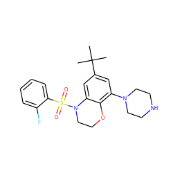 CC(C)(C)c1cc(N2CCNCC2)c2c(c1)N(S(=O)(=O)c1ccccc1F)CCO2 ZINC000028948482