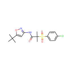 CC(C)(C)c1cc(NC(=O)C(C)(C)S(=O)(=O)c2ccc(Cl)cc2)no1 ZINC000040863826