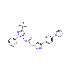 CC(C)(C)c1cc(NC(=O)Cn2cc(-c3ccc(-n4ccnc4)nc3)nn2)n(-c2cccnc2)n1 ZINC000169329470