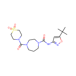 CC(C)(C)c1cc(NC(=O)N2CCCN(C(=O)N3CCS(=O)(=O)CC3)CC2)no1 ZINC000071318973