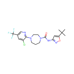 CC(C)(C)c1cc(NC(=O)N2CCCN(c3ncc(C(F)(F)F)cc3Cl)CC2)no1 ZINC000072108871