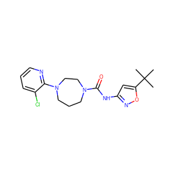 CC(C)(C)c1cc(NC(=O)N2CCCN(c3ncccc3Cl)CC2)no1 ZINC000059276912