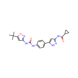 CC(C)(C)c1cc(NC(=O)Nc2ccc(-c3cc(NC(=O)C4CC4)n[nH]3)cc2)no1 ZINC000653836219