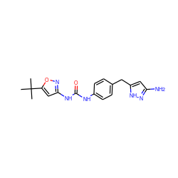 CC(C)(C)c1cc(NC(=O)Nc2ccc(Cc3cc(N)n[nH]3)cc2)no1 ZINC000653838812