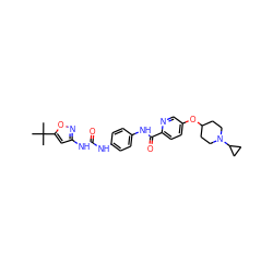 CC(C)(C)c1cc(NC(=O)Nc2ccc(NC(=O)c3ccc(OC4CCN(C5CC5)CC4)cn3)cc2)no1 ZINC000095559855