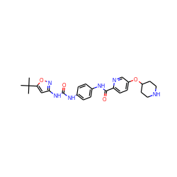 CC(C)(C)c1cc(NC(=O)Nc2ccc(NC(=O)c3ccc(OC4CCNCC4)cn3)cc2)no1 ZINC000095561521