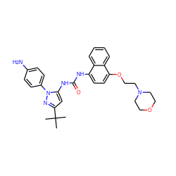 CC(C)(C)c1cc(NC(=O)Nc2ccc(OCCN3CCOCC3)c3ccccc23)n(-c2ccc(N)cc2)n1 ZINC000013528345