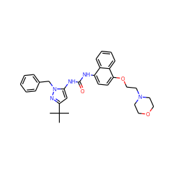 CC(C)(C)c1cc(NC(=O)Nc2ccc(OCCN3CCOCC3)c3ccccc23)n(Cc2ccccc2)n1 ZINC000014956544