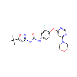 CC(C)(C)c1cc(NC(=O)Nc2ccc(Oc3cc(N4CCOCC4)ncn3)c(F)c2)no1 ZINC001772578122