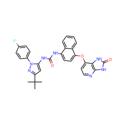 CC(C)(C)c1cc(NC(=O)Nc2ccc(Oc3ccnc4[nH]c(=O)[nH]c34)c3ccccc23)n(-c2ccc(F)cc2)n1 ZINC000049780807