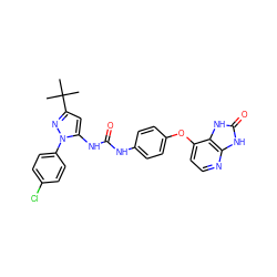 CC(C)(C)c1cc(NC(=O)Nc2ccc(Oc3ccnc4[nH]c(=O)[nH]c34)cc2)n(-c2ccc(Cl)cc2)n1 ZINC000049072738