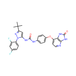 CC(C)(C)c1cc(NC(=O)Nc2ccc(Oc3ccnc4[nH]c(=O)[nH]c34)cc2)n(-c2ccc(F)cc2F)n1 ZINC000049115232
